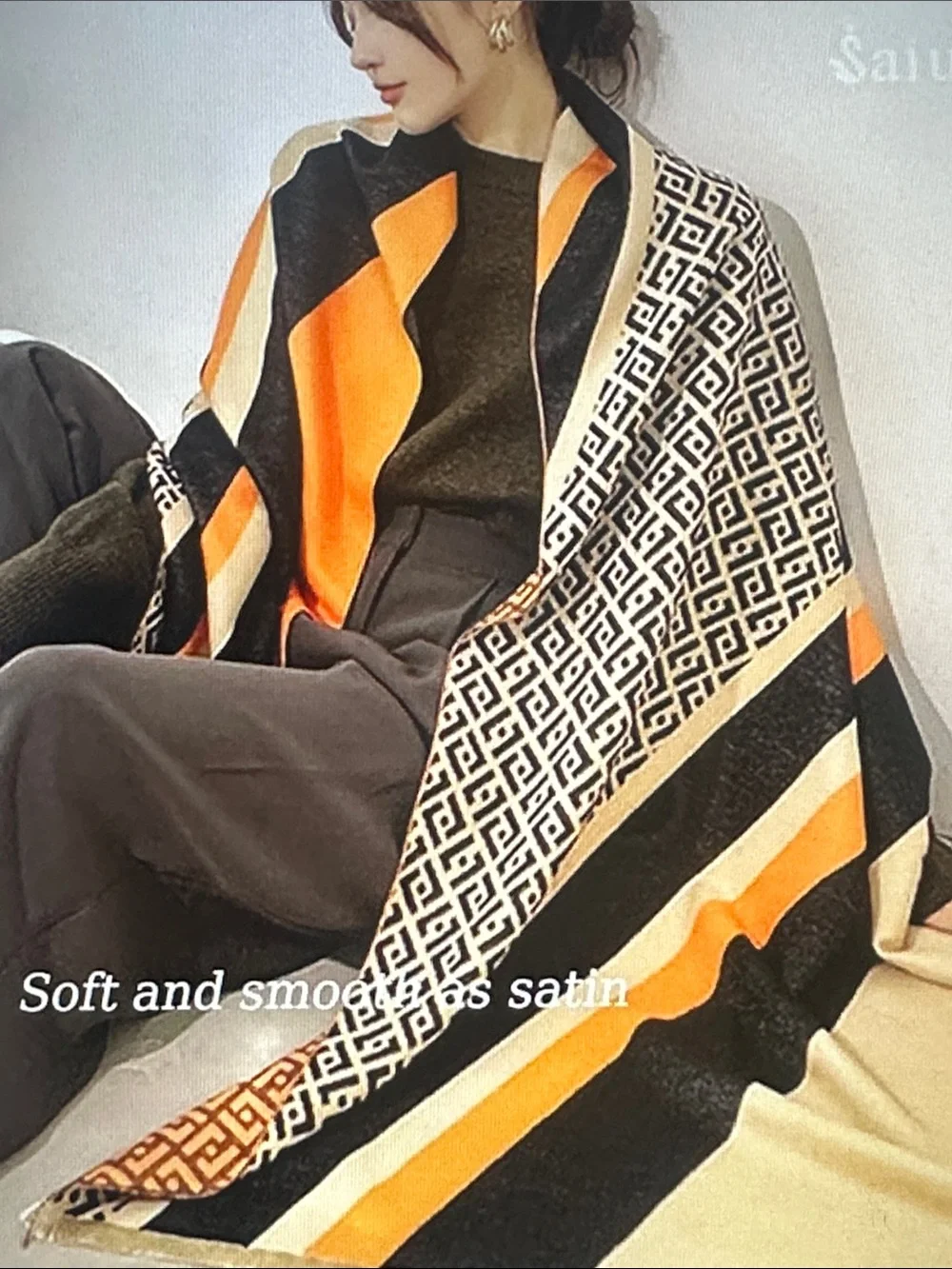 Silk Geometric & Stripe Scarf in Black, Cream & Orange